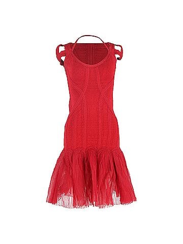 Herve Leger Herve Leger Knitted Tulle Bandage Midi Dress in Red Viscose (view 1)