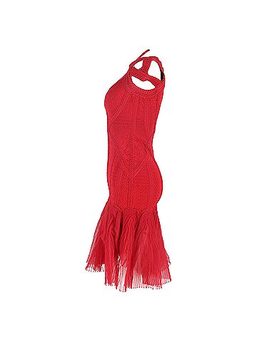 Herve Leger Herve Leger Knitted Tulle Bandage Midi Dress in Red Viscose (view 2)