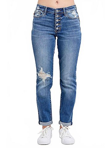 Judy Blue Gotta Have 'Em Destroyed Boyfriend Jeans in Mid Wash (view 2)