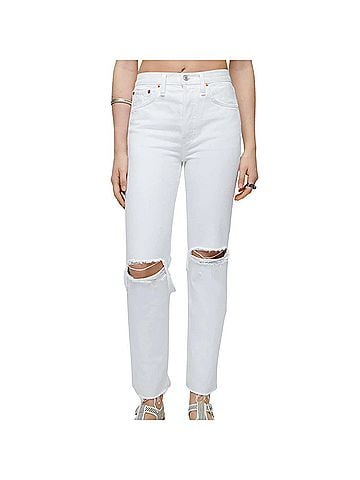 RE/DONE High Rise Stove Pipe Jeans in White Destroyed (view 2)