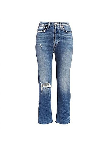 RE/DONE 70's Ultra High Rise Stove Pipe Straight Leg Jeans in Vintage Indigo Distressed (view 1)
