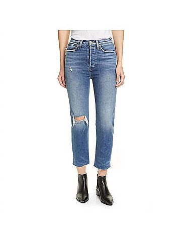 RE/DONE 70's Ultra High Rise Stove Pipe Straight Leg Jeans in Vintage Indigo Distressed (view 2)