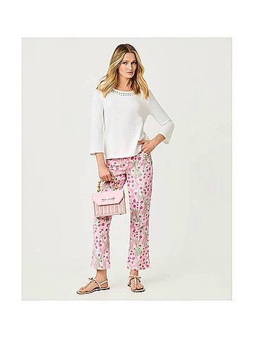 Lilly Pulitzer Annet High Rise Crop Flare Jeans in Conch Shell Pink Sunny Daisies (view 2)