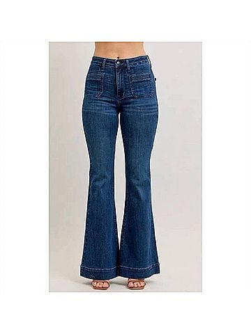Judy Blue High Rise Flare Jeans With Front Patch Pockets in Blue (view 2)