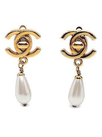 Chanel CC Gold Plated Faux Pearl Drop Turn Lock Clip On Earrings (view 1)