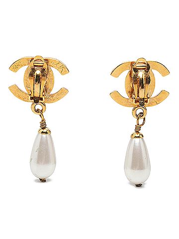 Chanel CC Gold Plated Faux Pearl Drop Turn Lock Clip On Earrings (view 2)