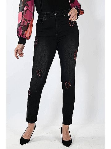 Frank Lyman Design Bettany Painted Foral Denim Jeans in Black And Magenta (view 2)