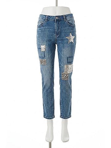 Frank Lyman Design Sirona Sequin And Cheetah Patch Denim Jeans in Blue/ Silver (view 1)