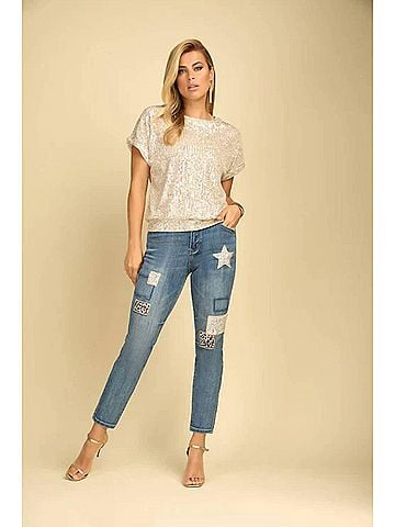 Frank Lyman Design Sirona Sequin And Cheetah Patch Denim Jeans in Blue/ Silver (view 2)