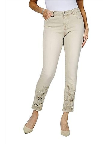 Frank Lyman Design Rhinestone Embellished Hem Jeans in Beige (view 2)