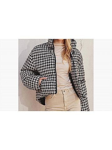 Dress Forum Houndstooth Stand Collar Puffer Jacket in Black/ Tan (view 2)