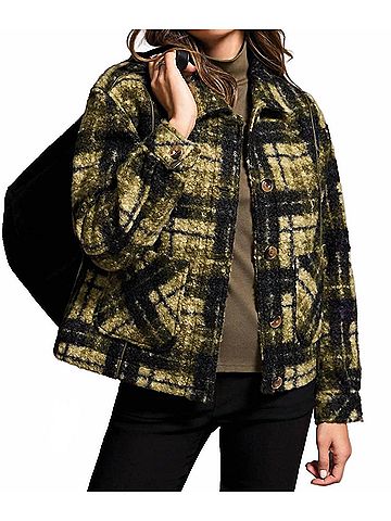 Tribal Textured Plaid Lined Button-Front Jacket in Ivy (view 2)