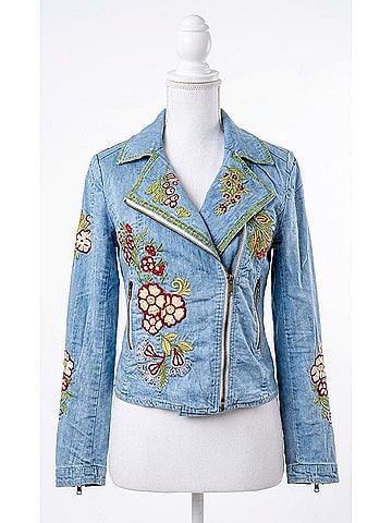 Paparazzi Embroidered Denim Tencel Moto Jacket in Light Wash (view 1)