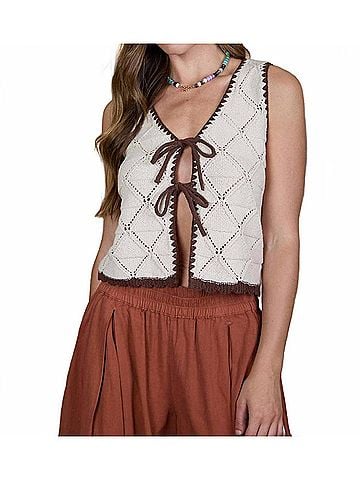 Blu Pepper Contrast Stitch Crochet Knit Front Tie Vest in Natural (view 2)