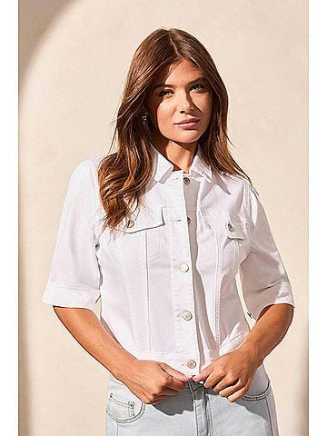 Tribal Comfort Stretch Elbow-Sleeve Denim Jacket in White (view 2)