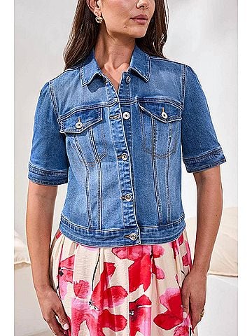 Tribal Comfort Stretch Elbow-Sleeve Denim Jacket in Harbor (view 2)