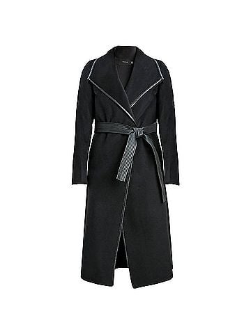 T Tahari Juliette Double Face Faux Leather Trim Belted Wool Coat Black in Black (view 1)