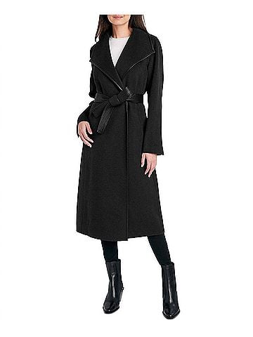 T Tahari Juliette Double Face Faux Leather Trim Belted Wool Coat Black in Black (view 2)
