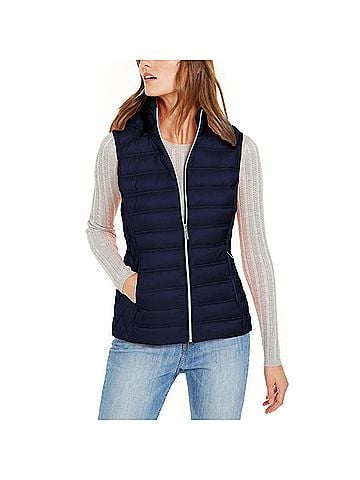 Michael Kors Down Fill Full Zip Removable Hood Puffer Vest in Navy Blue (view 2)