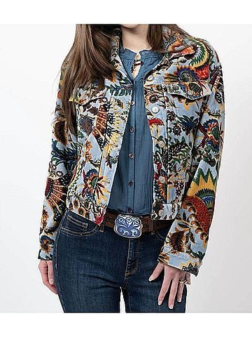 Ivy Jane Print Velvet Jean Jacket in Blue (view 2)
