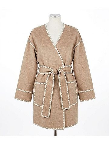 Ivy Jane Whipstitched Wrap Coat in Taupe (view 1)