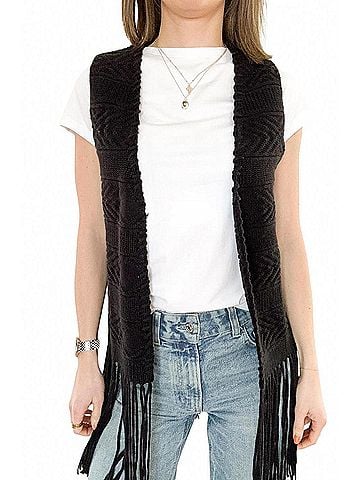 Autumn Cashmere Diamond Stitch Fringe Vest in Black (view 2)