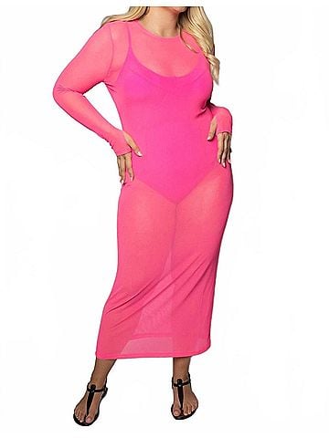 Good American Mesh Maxi Dress - Plus in Knockout Pink (view 2)