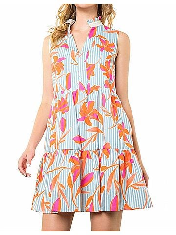 THML Sleeveless Flower Striped Dress in Light Blue (view 2)