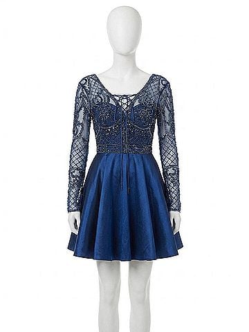 Rachel Allan Beaded Mikado Short Prom Dress in Navy (view 1)