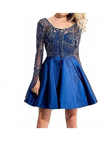 Rachel Allan Beaded Mikado Short Prom Dress in Navy (view 2)