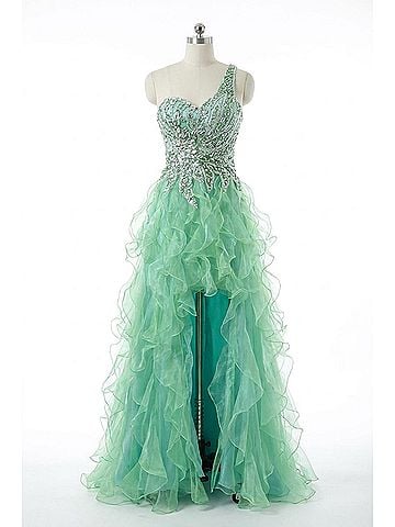 Rachel Allan Heavily Beaded One Shoulder Ruffled Gown in Jade (view 1)