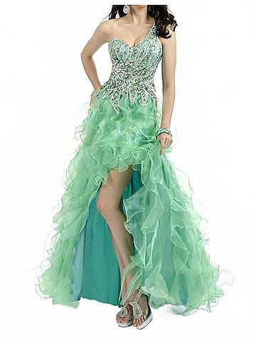 Rachel Allan Heavily Beaded One Shoulder Ruffled Gown in Jade (view 2)