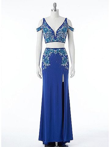 Rachel Allan Beaded Jersey Two-Piece Gown With Slit in Royal (view 1)