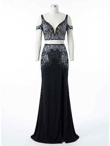 Rachel Allan Beaded Jersey Two-Piece Gown With Slit in Black (view 1)