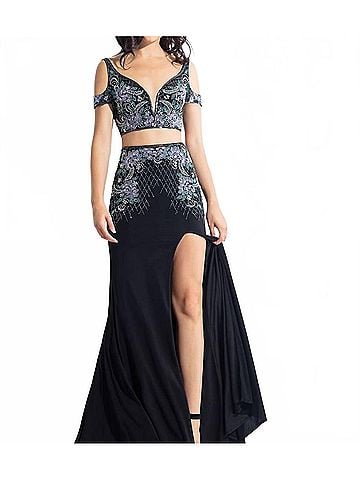 Rachel Allan Beaded Jersey Two-Piece Gown With Slit in Black (view 2)