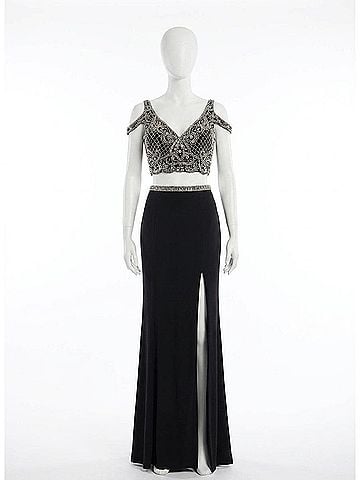 Rachel Allan Embellished Jersey Two-Piece Evening Gown in Black (view 1)