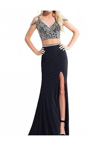 Rachel Allan Embellished Jersey Two-Piece Evening Gown in Black (view 2)