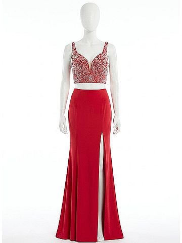 Rachel Allan Two-Piece Jersey Embroidered Gown With High Slit in Red (view 1)