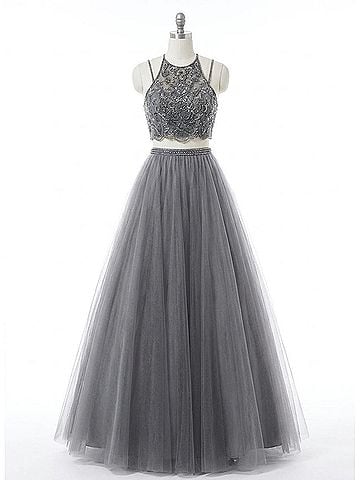Rachel Allan Two-Piece Strappy Tulle Prom Dress in Gunmetal (view 1)