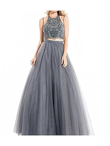 Rachel Allan Two-Piece Strappy Tulle Prom Dress in Gunmetal (view 2)