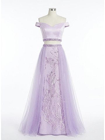 Rachel Allan Two-Piece Off Shoulder Gown With Overskirt in Lilac (view 1)