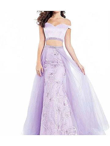 Rachel Allan Two-Piece Off Shoulder Gown With Overskirt in Lilac (view 2)