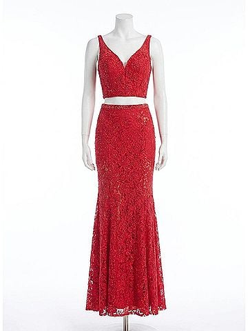 Rachel Allan Lace Floral Two-Piece Prom Dress in Red (view 1)