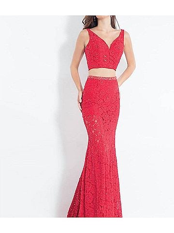 Rachel Allan Lace Floral Two-Piece Prom Dress in Red (view 2)
