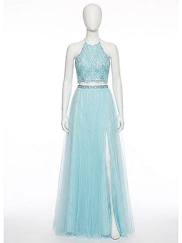 Rachel Allan Embroidered Lace Tulle Two-Piece Prom Dress in Mint Blue (view 1)