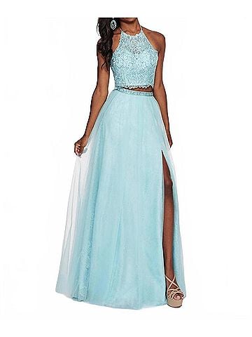 Rachel Allan Embroidered Lace Tulle Two-Piece Prom Dress in Mint Blue (view 2)