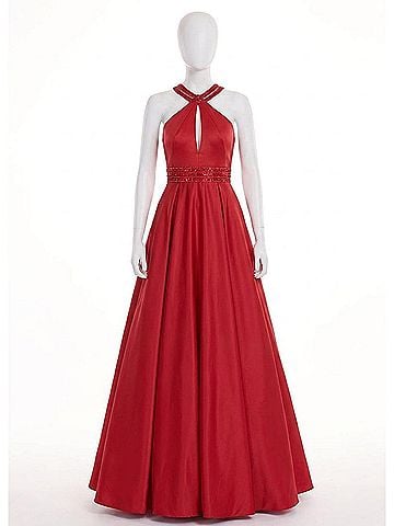 Rachel Allan Matte Satin Halter Neck Prom Gown in Red (view 1)