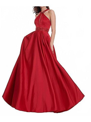 Rachel Allan Matte Satin Halter Neck Prom Gown in Red (view 2)