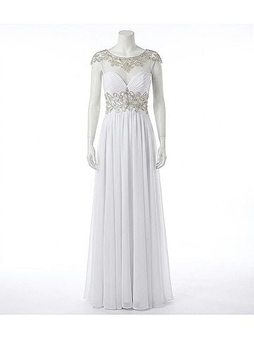 Rachel Allan Beaded High Mesh Neck Chiffon Prom Gown in White (view 1)
