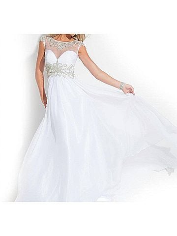 Rachel Allan Beaded High Mesh Neck Chiffon Prom Gown in White (view 2)